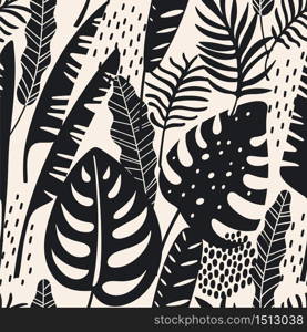 Abstract seamless pattern with tropical leaves. Hand draw texture. Vector template.. Abstract seamless pattern with tropical leaves.