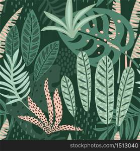 Abstract seamless pattern with tropical leaves. Hand draw texture. Vector template.. Abstract seamless pattern with tropical leaves.