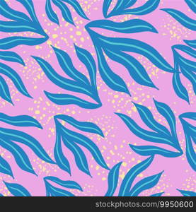 Abstract seamless random pattern with blue bright tropical seaweed ornament. Pink background with splashes. Designed for fabric design, textile print, wrapping, cover. Vector illustration. Abstract seamless random pattern with blue bright tropical seaweed ornament. Pink background with splashes.