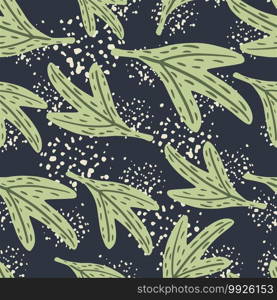 Abstract seamless random pattern with light green leaf shapes. Navy blue background with splashes. Great for fabric design, textile print, wrapping, cover. Vector illustration.. Abstract seamless random pattern with light green leaf shapes. Navy blue background with splashes.