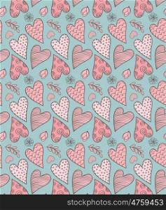 Abstract Seamless Valentine's Cute Pattern With Hearts, Flowers And Leaves