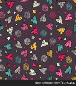 Abstract Seamless Valentine's Cute Pattern With Hearts, Flowers And Stars