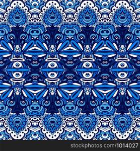Abstract seamless winter decor pattern from blue and white oriental tiles, ornaments. Can be used for wallpaper, backgrounds, decoration for your design, ceramic, page fill and more.. Blue seamless pattern ceramic tiles in doodle handdrawn zenart style
