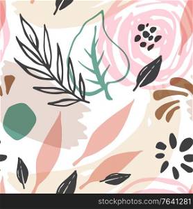 Abstract seasonal seamless pattern with flowers and leaves. Vector background