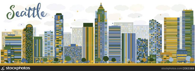 Abstract Seattle City Skyline with color Buildings. Vector Illustration. Business travel and tourism concept with modern buildings. Image for presentation, banner, placard and web site.