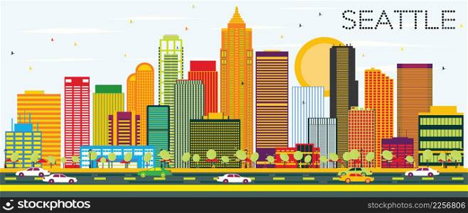 Abstract Seattle Skyline with Color Buildings. Vector Illustration. Business Travel and Tourism Concept with Modern Architecture. Image for Presentation Banner Placard and Web Site.