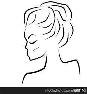 Abstract sensual female face with closed eyes and messy bun hairstyles, hand drawing outline