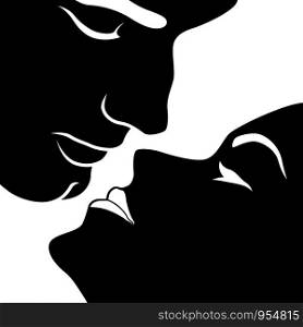 Abstract sensual woman tilted her head back before kissing with man, black vector stencil isolated on white background