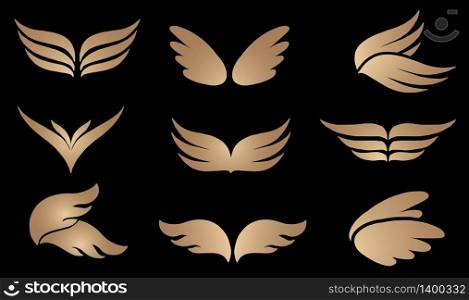 Abstract set of 9 simple golden or bronze wings logo. Vector logotype icon. Illustration isolated on black background. Abstract simple wings logo. Vector logo icon