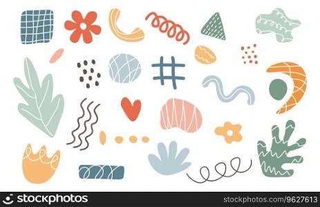 Abstract set various shapes and doodle objects. Set of trendy creative artistic elements. Vector illustration