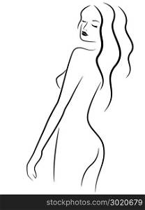 Abstract sexual young graceful woman posing half turn, hand drawing vector outline