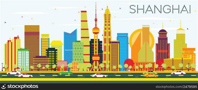 Abstract Shanghai Skyline with Color Buildings and Blue Sky. Vector Illustration. Business Travel and Tourism Concept with Modern Architecture. Image for Presentation Banner Placard and Web Site.