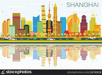 Abstract Shanghai Skyline with Color Buildings, Blue Sky and Reflections. Vector Illustration. Business Travel and Tourism Concept with Modern Architecture. Image for Presentation Banner Placard and Web.