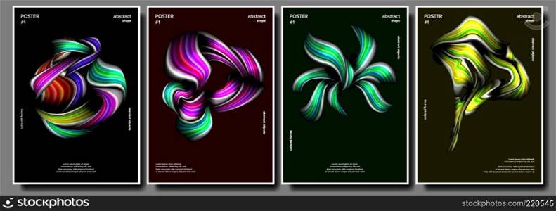 Abstract Shape Poster Set Vector. Minimal Shape. Splatter. Painting Style. Minimal Brigth Background. Illustration. Modern Abstract Cover Poster Set Vector. Tech Futuristic Banner. Acrylic Texture. Digital Composition. Flyer, Cover, Brochure. Illustration