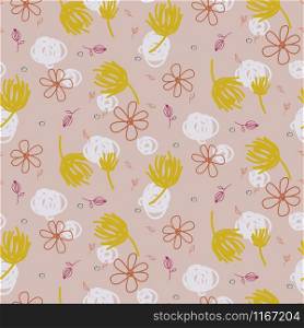 Abstract shapes and florals seamless pattern. Pale pink and mustard repeat background for wrap, textile and print design. Chaotic texture print.. Abstract shapes and florals seamless pattern. Pale pink and mustard repeat background for wrap, textile and print design.