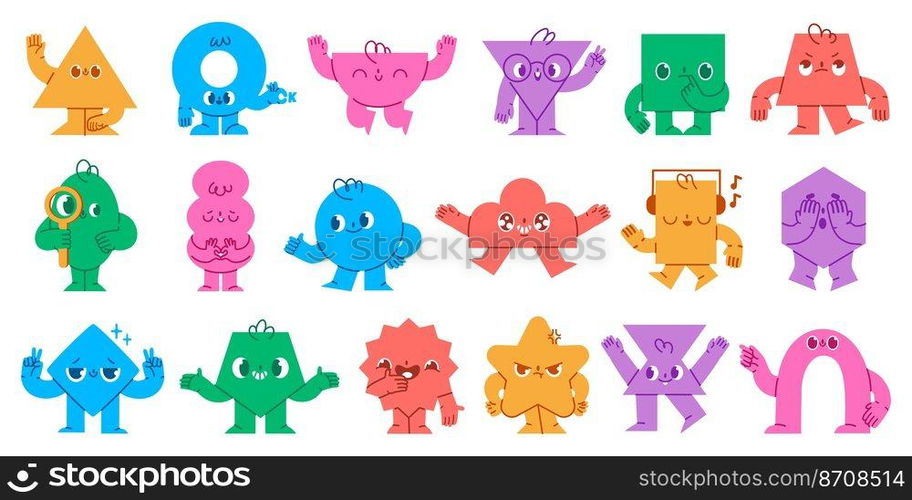 Abstract shapes characters. Geometric mascot faces with funny emotions, hands and legs. Cute circle, triangle and square shape objects vector set. Adorable characters for math learning. Abstract shapes characters. Geometric mascot faces with funny emotions, hands and legs. Cute circle, triangle and square shape objects vector set