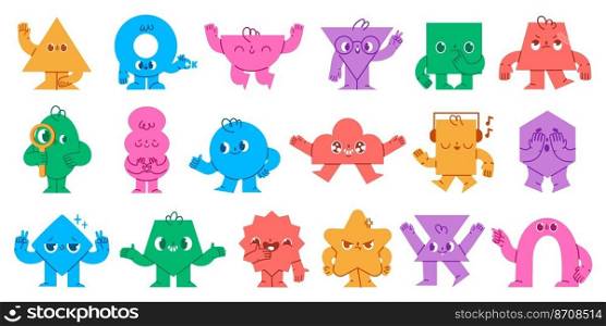 Abstract shapes characters. Geometric mascot faces with funny emotions, hands and legs. Cute circle, triangle and square shape objects vector set. Adorable characters for math learning. Abstract shapes characters. Geometric mascot faces with funny emotions, hands and legs. Cute circle, triangle and square shape objects vector set