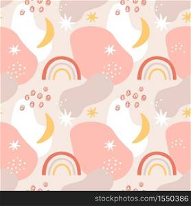 Abstract shapes seamless pattern. Hand drawn trendy brush strokes, grunge collage, bright stains for textile print, vector texture. Pastel pink colors, rainbow with moon and stars and drops. Abstract shapes seamless pattern. Hand drawn trendy brush strokes, grunge collage, bright stains for textile print, vector texture.