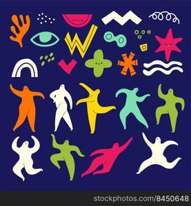Abstract shapes silhouettes. Doodle people figures walking standing different geometrical hand drawn colored trendy forms recent vector illustrations. Silhouette figure colored, shape design. Abstract shapes silhouettes. Doodle people figures walking standing different geometrical hand drawn colored trendy forms recent vector illustrations