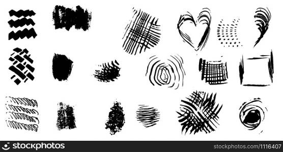 Abstract shapes with rough brush strokes, paint traces, lines, smudges, smears, stains, scribbles isolated on white background. Vector illustration.. Abstract shapes with rough brush strokes, paint traces, lines, smudges, smears, stains