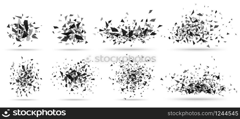 Abstract shatter burst. Geometric texture, dark triangles bursts and broken shattered debris vector set. Flying black shapes explosion, particles spray isolated on white. Abstract shatter burst. Geometric texture, dark triangles bursts and broken shattered debris vector set
