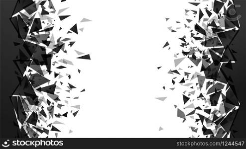 Abstract shatter destruction background. Broken debris pieces, black triangles walls destruction and shattered wall explosion vector background. black particles decoration texture. Abstract shatter destruction background. Broken debris pieces, black triangles walls destruction and shattered wall explosion vector background
