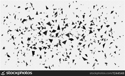 Abstract shatter particles. Random flying dark triangles particles, shattered texture and broken pieces isolated explosion vector illustration. black powder effect, flying debris texture. Abstract shatter particles. Random flying dark triangles particles, shattered texture and broken pieces isolated explosion vector illustration