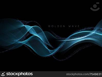 Abstract shiny color blue gold wave design element with glitter effect on dark background. Fashion sequins for voucher, website and advertising design. Abstract shiny color gold wave design element