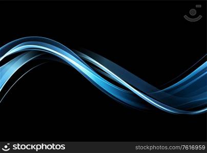 Abstract shiny color blue wave design element on dark background.. Abstract shiny color blue wave design element