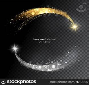 Abstract shiny color gold and silver design element with glitter effect and star on transparent background. Fashion sequins for voucher, website and advertising design. Tail comet. Merry christmas star. Abstract shiny color gold and silver design element