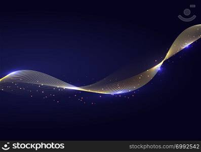 Abstract shiny color gold wave design element and glitter effect on dark background. Vector illustration