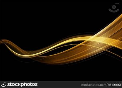 Abstract shiny color gold wave design element on dark background. Fashion motion flow design for voucher, website and advertising design. Golden silk ribbon for cosmetic gift voucher. Abstract shiny color gold wave design element