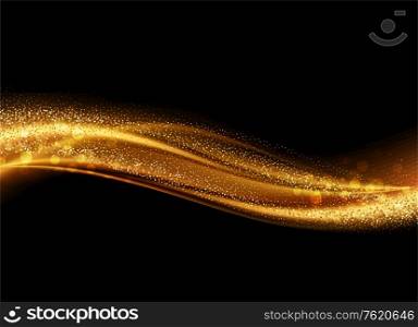 Abstract shiny color gold wave design element on dark background. Fashion motion flow design for voucher, website and advertising design. Golden silk ribbon for cosmetic gift voucher. Abstract shiny color gold wave design element