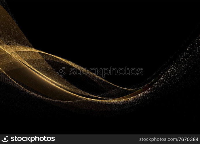 Abstract shiny color gold wave design element on dark background. Fashion flow lines for voucher, website and advertising. Golden silk ribbon for cosmetic gift voucher. Abstract shiny color gold wave design element