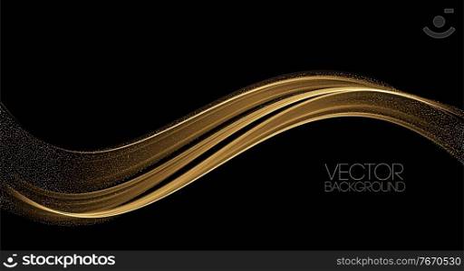 Abstract shiny color gold wave design element on dark background. Fashion flow lines for cosmetic gift voucher, website and advertising. Awarding the nomination ceremony luxury background with golden glitter sparkles. Vector design. Abstract shiny color gold wave luxury background with golden glitter sparkles
