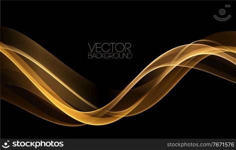 Abstract shiny color gold wave design element on dark background. Fashion flow lines for voucher, website and advertising. Golden silk ribbon for cosmetic gift voucher. Abstract shiny color gold wave design element