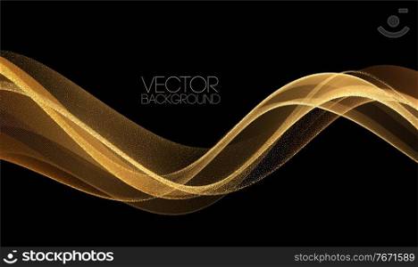 Abstract shiny color gold wave design element on dark background. Fashion flow lines for voucher, website and advertising. Golden silk ribbon for cosmetic gift voucher. Abstract shiny color gold wave design element