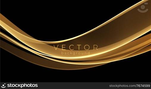 Abstract shiny color gold wave design element on dark background. Fashion flow lines for cosmetic gift voucher, website and advertising. Awarding the nomination ceremony luxury background. Vector design. Abstract shiny color gold wave luxury background