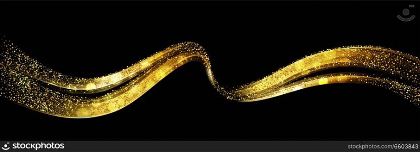 Abstract shiny color gold wave design element with glitter effect on dark background.. Abstract shiny color gold wave design element