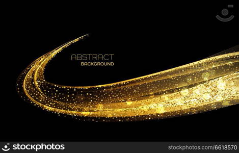 Abstract shiny color gold wave design element with glitter effect on dark background.. Abstract shiny color gold wave design element