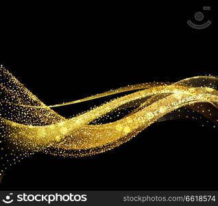 Abstract shiny color gold wave design element with glitter effect on dark background.. Abstract shiny color gold wave design element