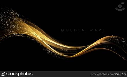 Abstract shiny color gold wave design element with glitter effect on dark background.. Abstract shiny color gold wave design element