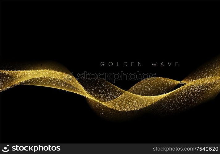 Abstract shiny color gold wave design element with glitter effect on dark background. Fashion sequins for voucher, website and advertising design. Abstract shiny color gold wave design element