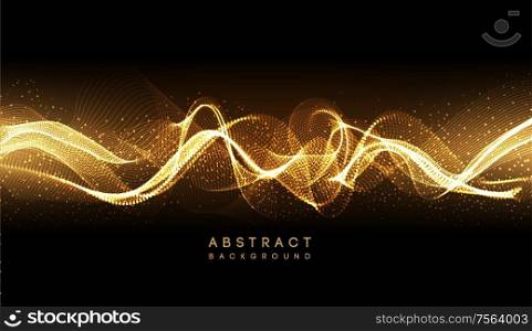 Abstract shiny color gold wave design element with glitter effect on dark background. Fashion sequins for voucher, website and advertising design. Futuristic techno background, neon shapes and dots.. Abstract shiny color gold wave design element