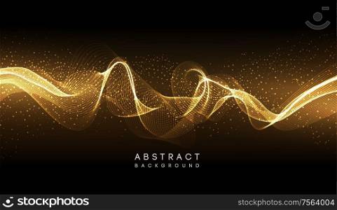 Abstract shiny color gold wave design element with glitter effect on dark background. Fashion sequins for voucher, website and advertising design. Futuristic techno background, neon shapes and dots.. Abstract shiny color gold wave design element
