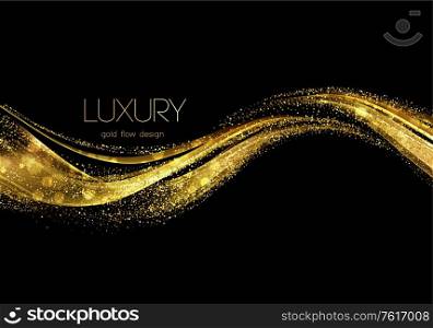 Abstract shiny color gold wave design element with glitter effect on dark background. Fashion sequins for voucher, website and advertising design. Abstract shiny color gold wave design element