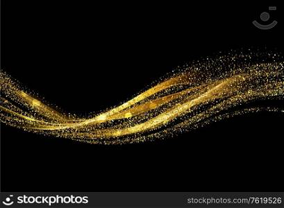 Abstract shiny color gold wave design element with glitter effect on dark background. Fashion sequins for voucher, website and advertising design. Invitation card. Abstract shiny color gold wave design element