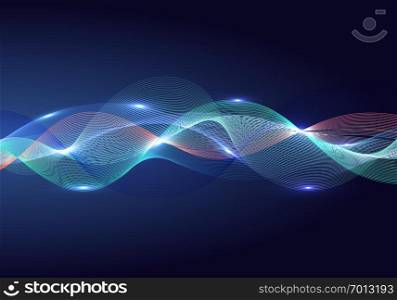 Abstract shiny color multi color wave design element and lighting effect on dark background. Vector illustration