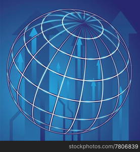 Abstract shiny globe and blue arrows background