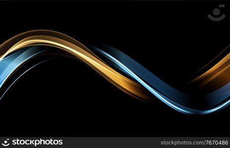 Abstract shiny gold and blue color wave design element on dark background. Golden glowing shiny spiral lines effect vector background. Fashion flow lines for voucher, website and advertising.. Abstract shiny gold and blue wave design element